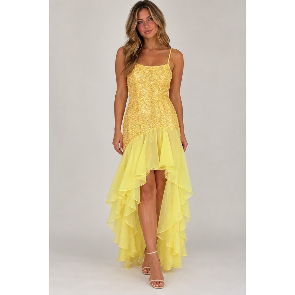 RARE Vintage Fairy Yellow Sequin High Low Ruffle Formal Dress Medium 2003 USA